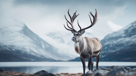 Reindeer in front of a lake in Iceland. 3d renderingの素材