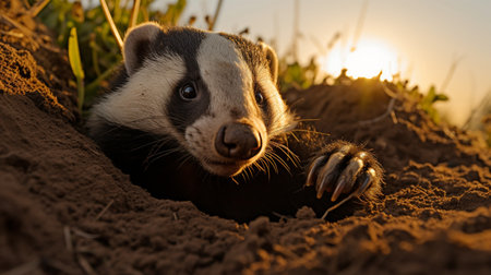 Badger, Meles Meles, single mammal in hole, South Africaの素材