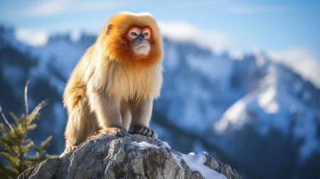 Yellow-bellied macaque on a rock in the mountains.の素材