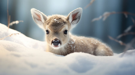 Fawn in the snow. Cute little deer in winter forestの素材