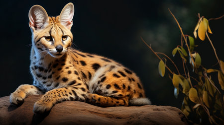 Portrait of a serval cat sitting on a rock in the darkの素材