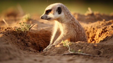 Meerkat (Suricata suricatta) standing in the holeの素材
