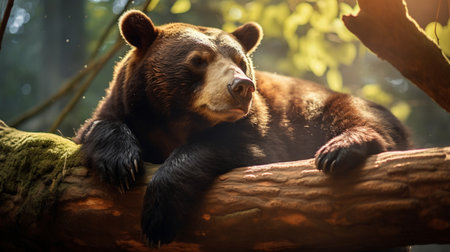 Close-up of a bear resting on a log in the forestの素材