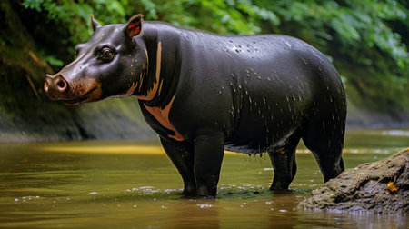 Hippopotamus standing in the water in the rainforest.の素材