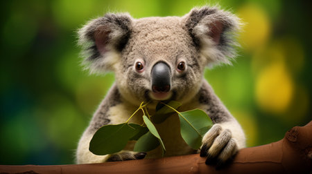 Koala bear on eucalyptus tree with green leavesの素材