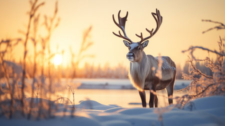 Reindeer in winter landscape at sunset. Sweden Scandinavia Europe.の素材