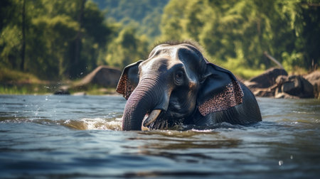 Asian elephant (Elephas maximus) bathing in the river.の素材