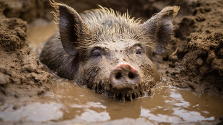 Wild boar in mud. Wild boar in the mud.の素材