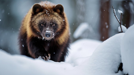 Wolverine in winter forest. Wild animal in snowy forest.の素材