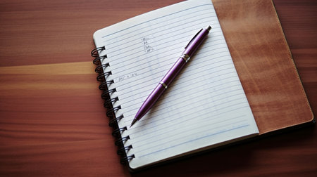 Notebook and pen on wooden table. View from above with copy spaceの素材