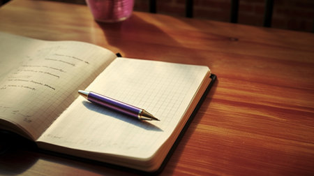 Notebook and pen on a wooden table. Selective focus.の素材