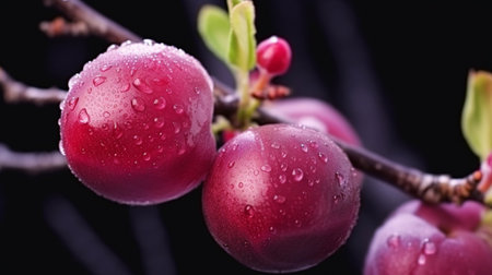 Plum tree branch with water drops on black background, closeupの素材