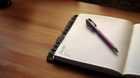 Notebook and pen on the wooden table, soft focus background.の素材
