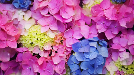 Colorful hydrangea flowers background. Hydrangea macrophylla.の素材