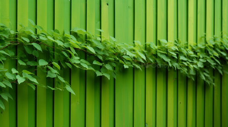 Green wooden wall with green ivy leaves. Natural background and texture.の素材