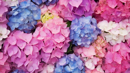 Colorful hydrangea flowers as a background, top viewの素材