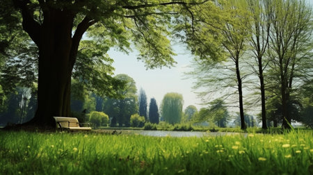 Beautiful spring landscape with a bench and a tree in the parkの素材