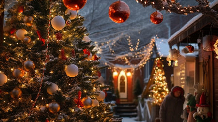 Beautiful decorated Christmas tree on the street of the city in winterの素材