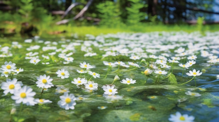 White daisies on the surface of the water in the forestの素材
