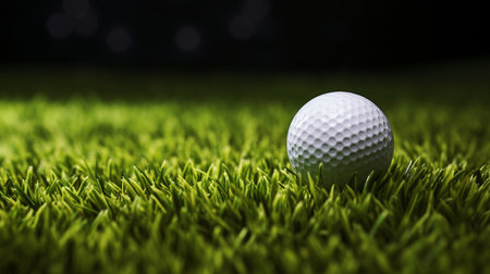 Golf ball on green grass ready to be shot, close upの素材