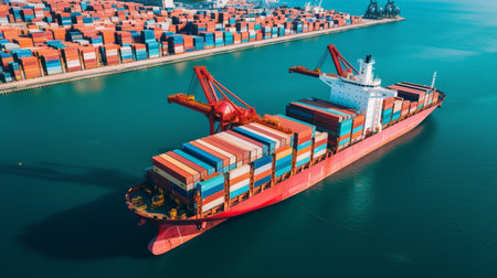 Container Cargo freight ship with working crane bridge for Logistic Import Export backgroundの素材