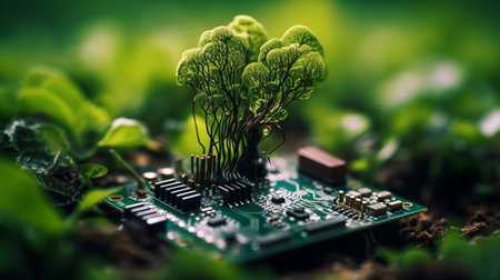 Green plant growing out of microcircuit on green background. Ecology conceptの素材