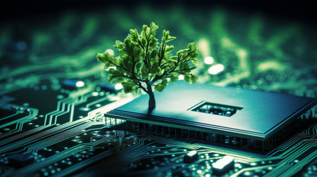 Green tree growing out of a computer chip. 3D Renderingの素材