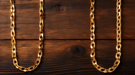 Golden chain on a wooden background. Top view. Copy space.の素材