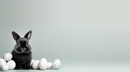 Easter banner with black bunny and white eggs on a gray backgroundの素材