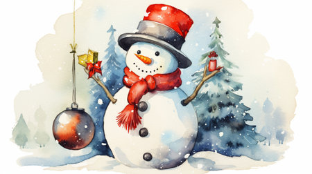 Watercolor illustration of a snowman with christmas tree in the backgroundの素材