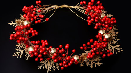 Christmas wreath with red berries and golden balls on a black backgroundの素材