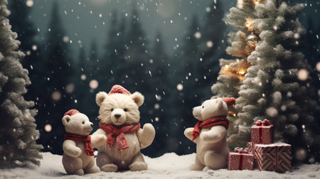 Teddy bears with Christmas tree and gifts in the background. Toned.の素材