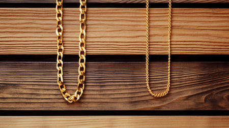 Golden chain on a wooden background. Golden chains on a wooden background.の素材