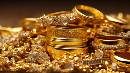 golden bracelets and rings on a dark background close-upの素材
