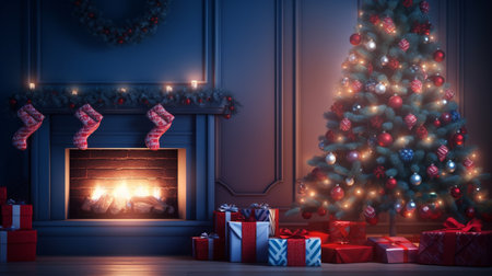 Christmas tree with gifts and fireplace in classic interior. 3D renderingの素材