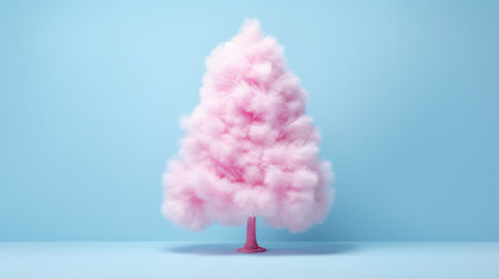 Pink cotton candy tree on blue background. 3D rendering illustration.の素材