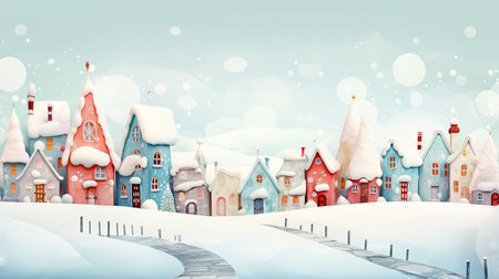 Winter landscape with houses and snowflakes. 3D illustration.の素材