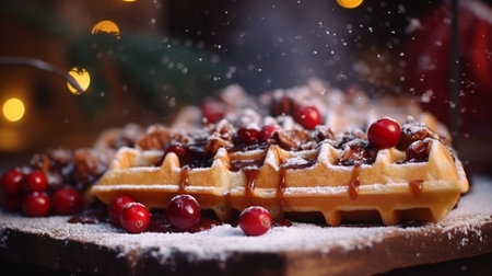 Traditional belgian waffles with cranberry and hazelnuts on wooden backgroundの素材