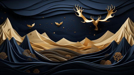 Paper art landscape with golden deer and golden mountains. Vector illustration.の素材