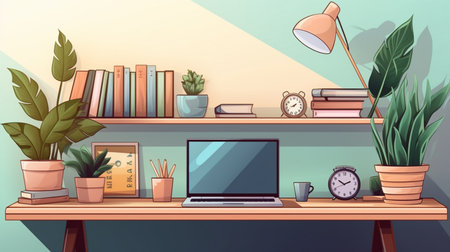 Home office workspace with laptop, books and plants. Vector illustration.の素材