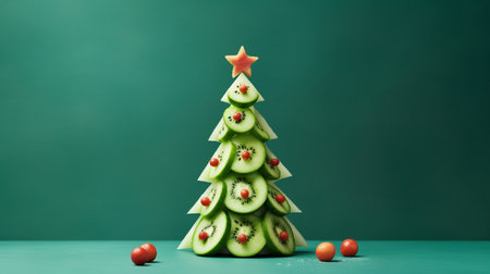 Christmas tree made of cucumbers and tomatoes on a green background.の素材