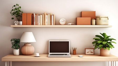 Wooden shelf with books, plant and laptop computer. 3d renderingの素材