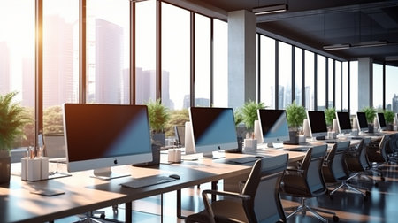 Modern coworking office interior with city view and daylight. 3D Renderingの素材