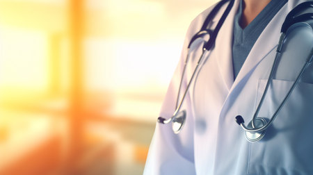 Close up of female doctor with stethoscope. Medical healthcare and doctor staff service.の素材
