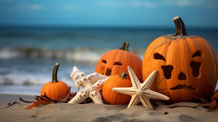 Halloween pumpkins and starfish on the sand with sea backgroundの素材
