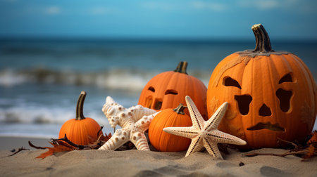 Foto per Halloween pumpkins and starfish on the sand with sea background - Immagine Royalty Free