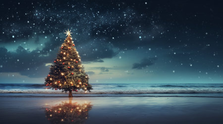 Christmas tree on the beach at night with stars and snowflakesの素材