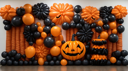 Halloween decoration with pumpkins, black and orange balloons and spidersの素材