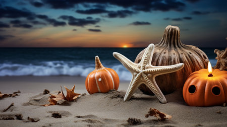 Halloween pumpkins and starfish on the sand with sea backgroundの素材