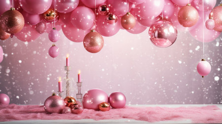 Pink christmas background with pink balloons, candles and snowflakesの素材